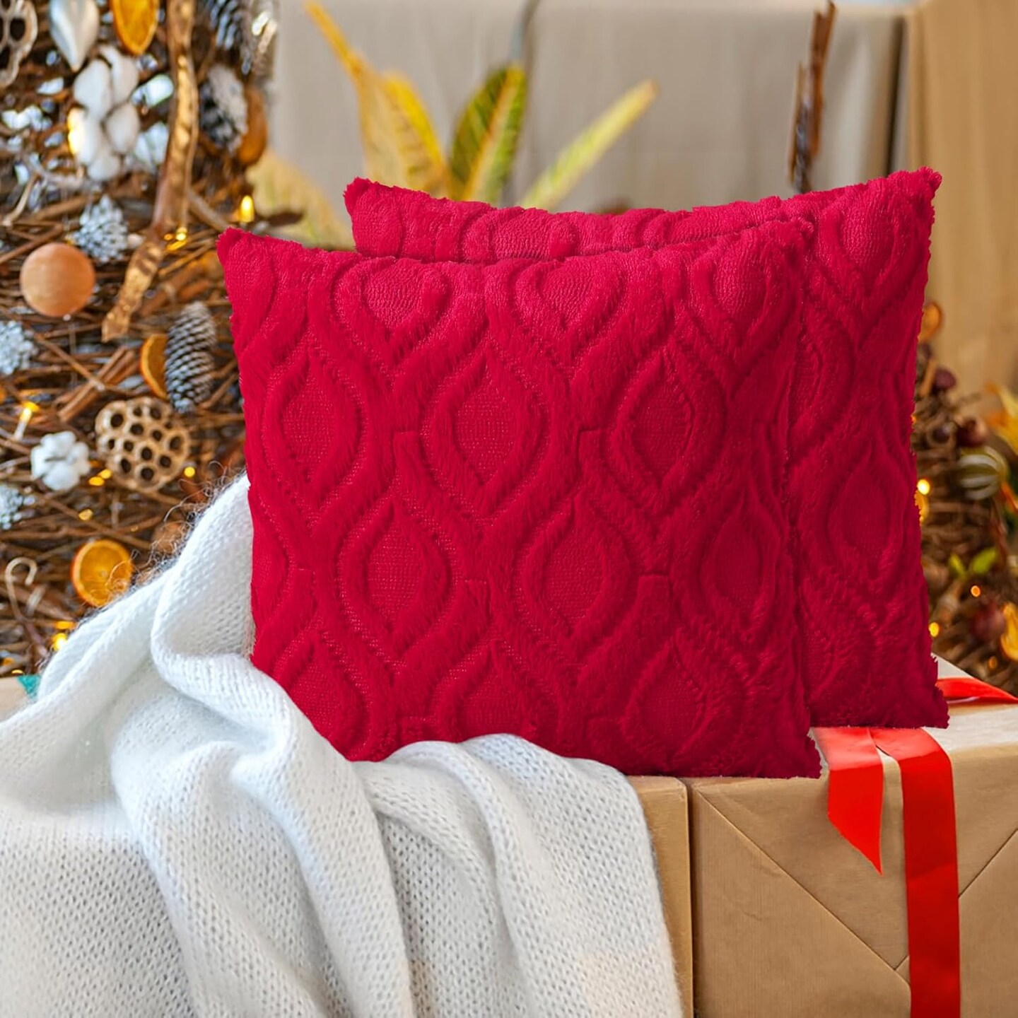 Christmas Decorative Throw Pillow Covers 18x18, Soft Plush Faux Wool Couch Pillow Covers for Home, Set of 2, Red