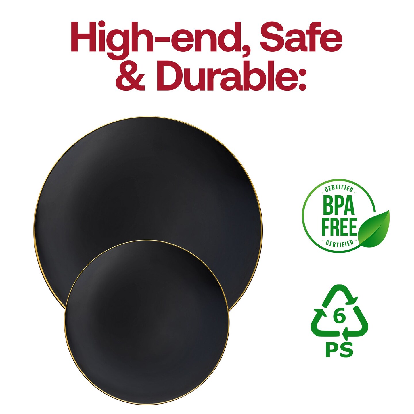 Black with Gold Rim Organic Round Disposable Plastic Dinner Plates - 10.25&#x22; (120 Plates)