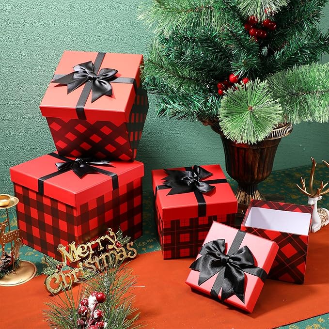 Stackable Boxes Red Black Buffalo Plaid Christmas Decorative Boxes with Lids Xmas Nested Boxes for New Year Holiday Birthday Party Gift Decor