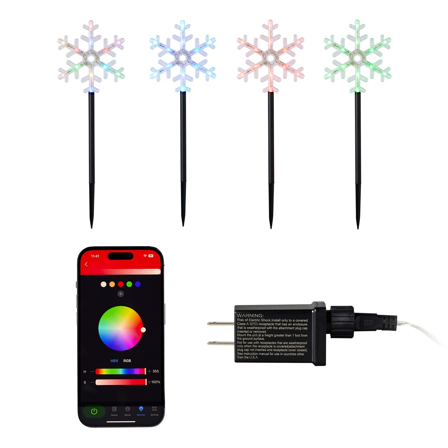 Vivvi  App-Based Customizable, Color-Changing 18&#x22; Snowflake Path LED Lights, Set of 4