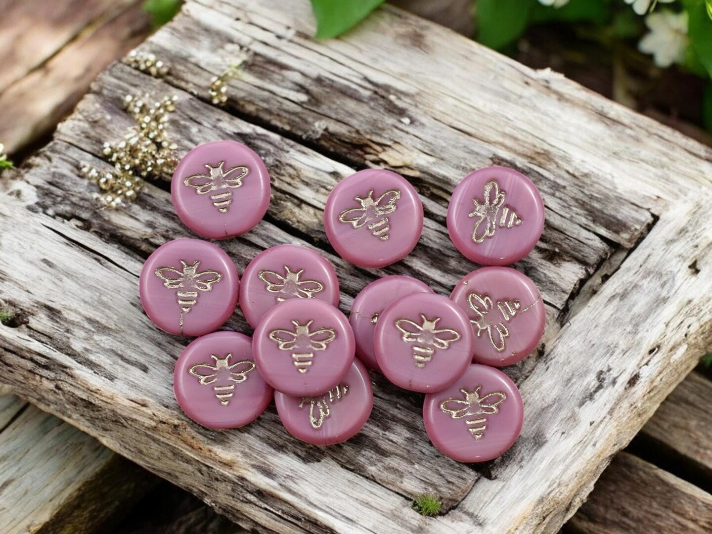 *12* 12mm Platinum Washed Pink Silk Bee Coin Beads