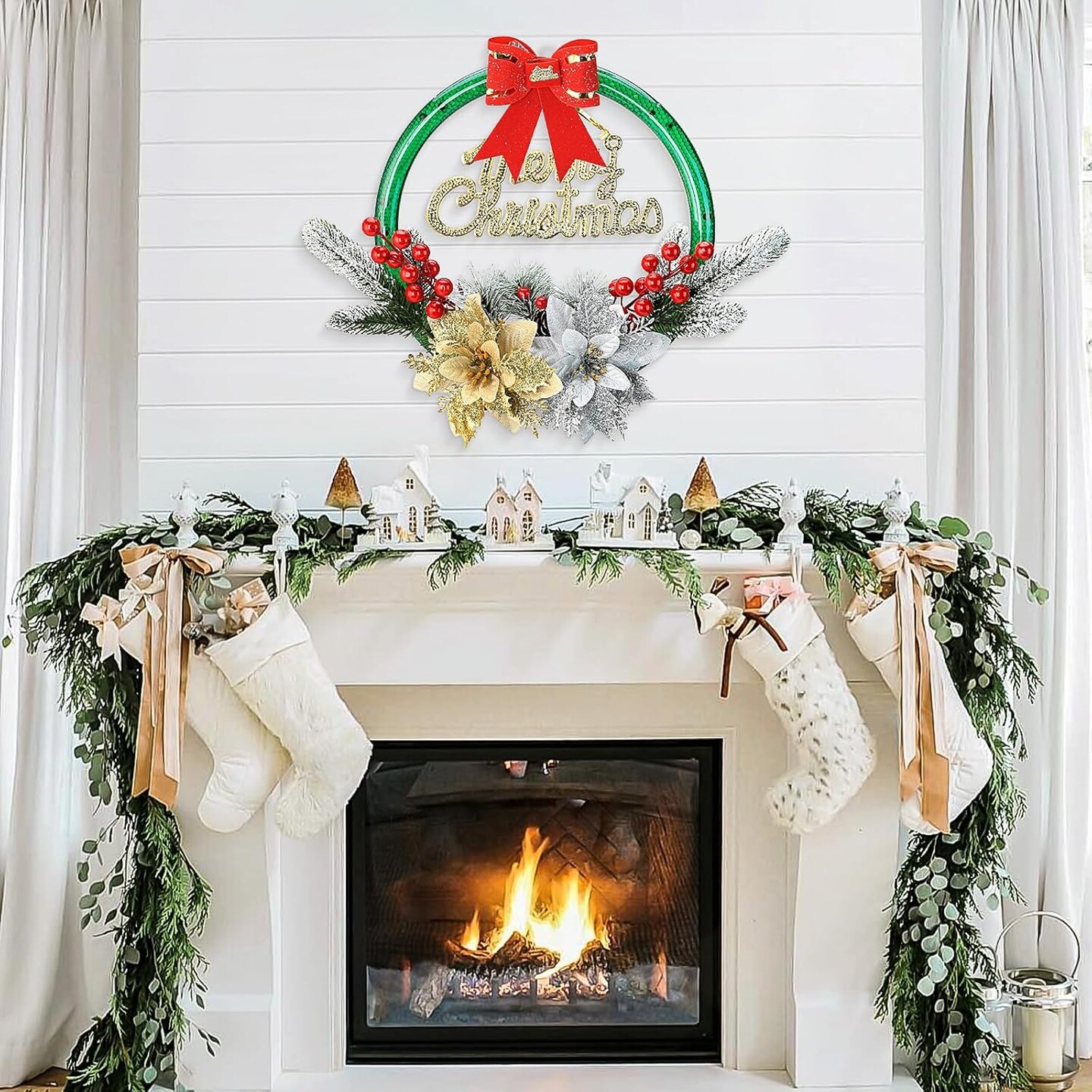 Christmas Wreath with LED Lights, 11&#x27;&#x27; Light Up Christmas Wreath Decorations Indoor, Flowers Picks, Green Prelit Small Reef Garland for Front Door, Windows, Battery Operated/Charging Port