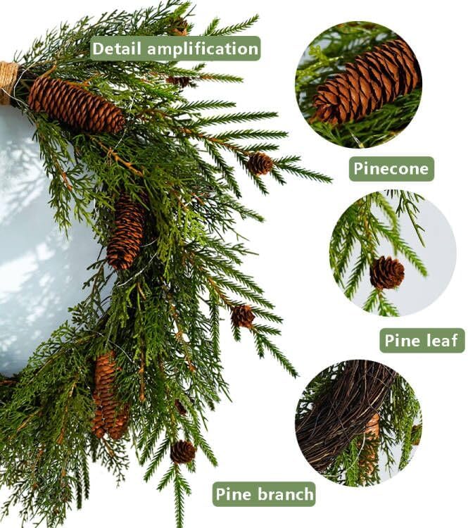 2-Pack 24in Artificial Christmas Wreaths for Front Door Green Pine Needle Pine Cone Christmas Wreath with Lights Christmas Decoration Holiday Window Wedding Decor Wreath