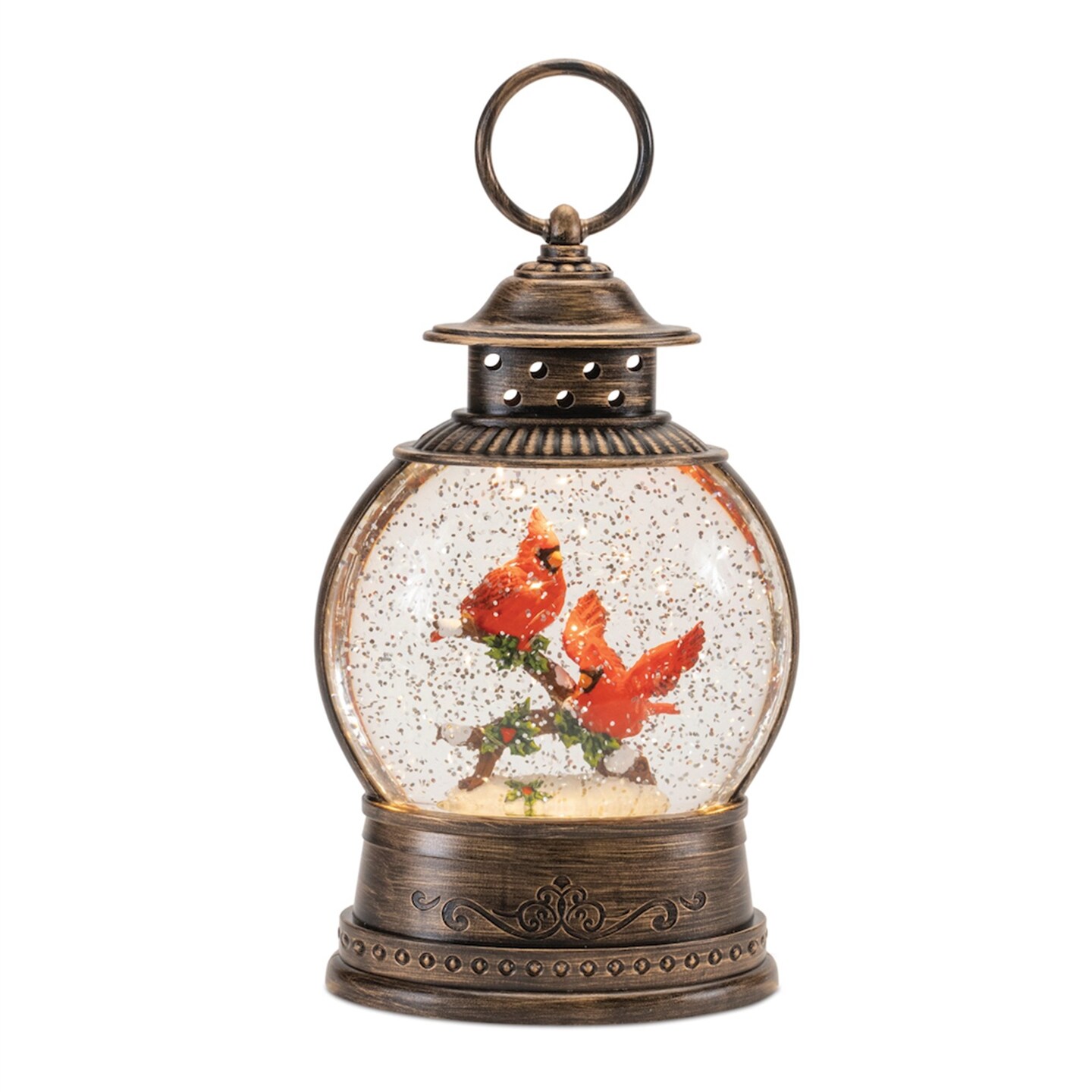 Melrose LED Lighted Lantern Snow Globe with Cardinal Bird Couple - 8.25&#x22; - Bronze and Red