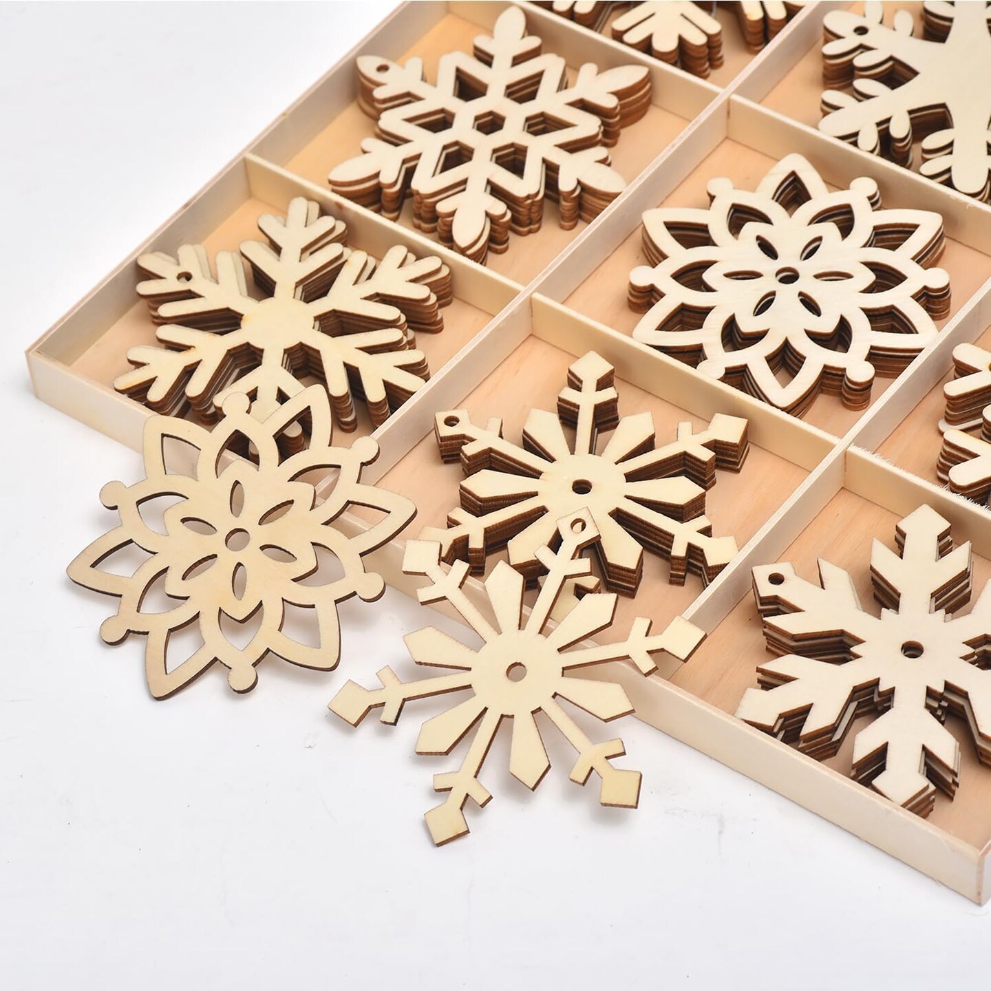 Snowflake Ornaments, 54PCs Unfinished Wooden Snowflakes Cutouts for DIY Christmas Decorations, Neutral Christmas Decor, Boho Xmas Tree Hanging Embellishments for Home Office (54 pcs)