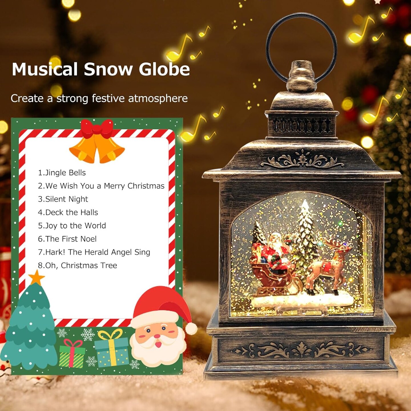 Christmas Snow Globe Lantern Musical Lighted with Timer,Spinning Santa Claus Water Lantern Glittering Holiday Decor Gift, Battery Operated&USB Glitter Lantern (Santa Claus and Christmas Tree)