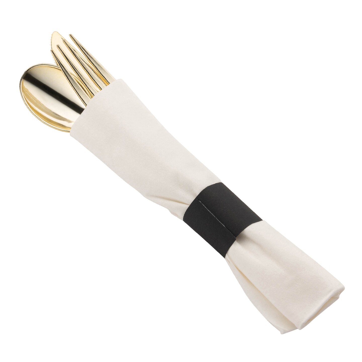 Durable Gold Plastic Cutlery in White Napkin Rolls Set - (100 Guests)