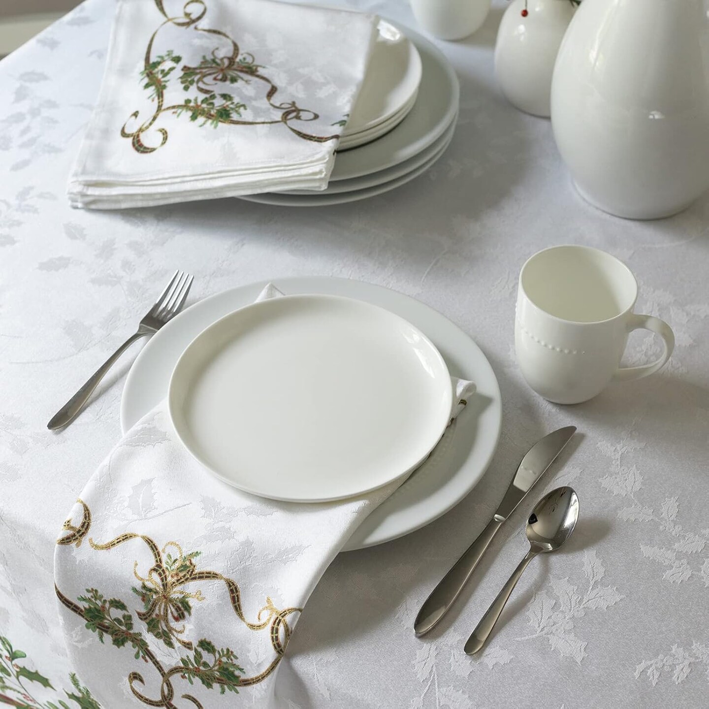 Merry Ribbons Engineered Printed Jacquard Fabric Christmas Table Cloth, Elegant Christmas Tablecloth for All Holiday and Winter (60" x 104" Rectangular, Merry Ribbons)