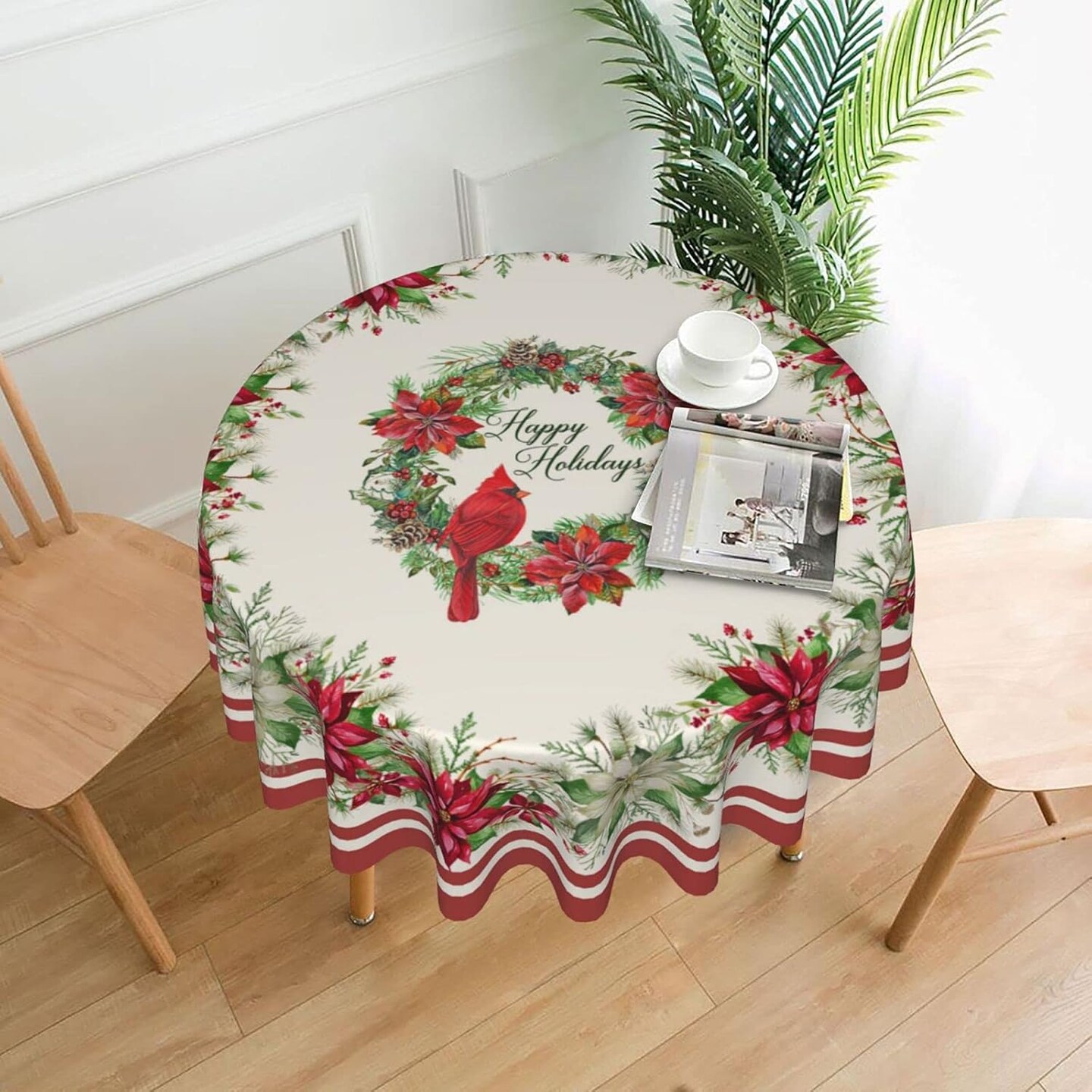 Red Bird Tablecloth Round 60 inch Red White Floral Tableccloth Merry Christmas Cloths Washable Banquet Tablecloth Winter Decorative Table Cover for Holiday Home Party Picnic Dinning