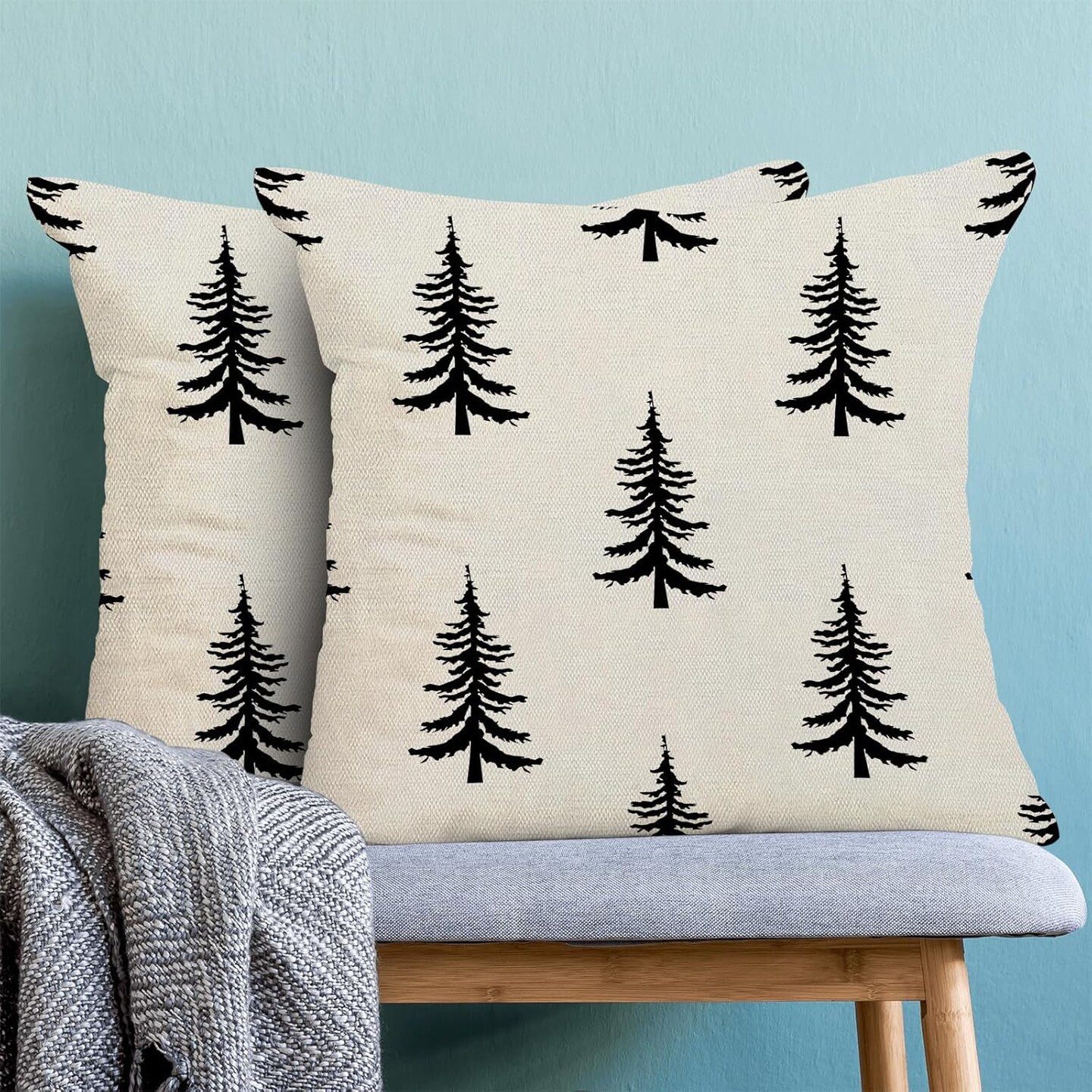 Christmas Pillow Covers 18x18 Inch Set of 2 Cream Black Christmas Tree Decor Throw Pillows Winter Xmas Holiday Outdoor Cushion Cases for Couch Bed Decorations