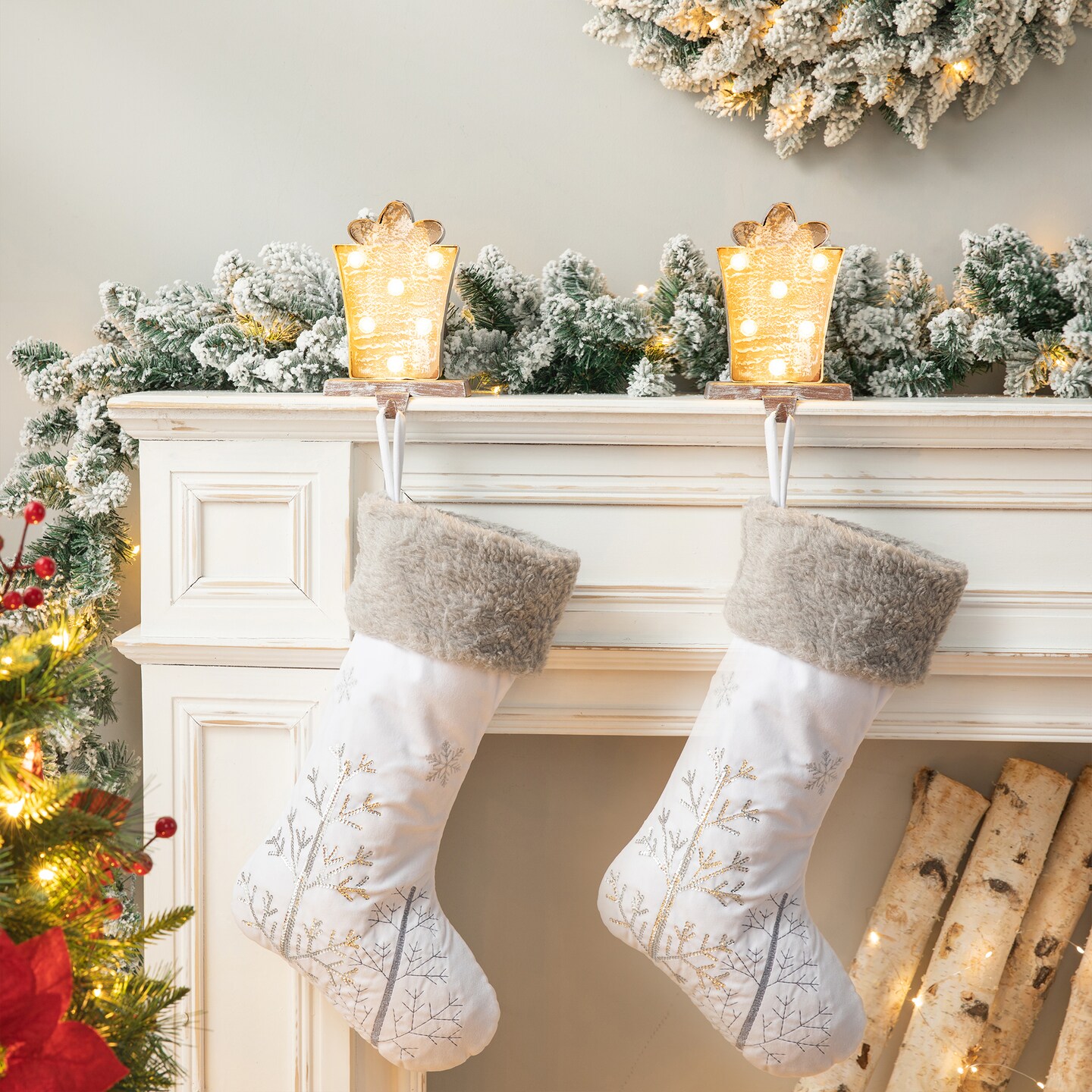 Set of 2 7.50&#x22;H Marquee LED Wooden/Metal Gift box Stocking Holders