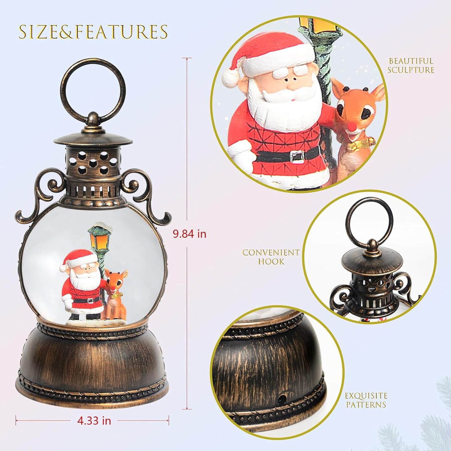 Christmas Snow Globes, Santa Claus and Deer Christmas Lantern with 8 Songs, 6H Timer Battery &#x26; USB Powered Glitter Music Box for Christmas Table Decorations Holiday