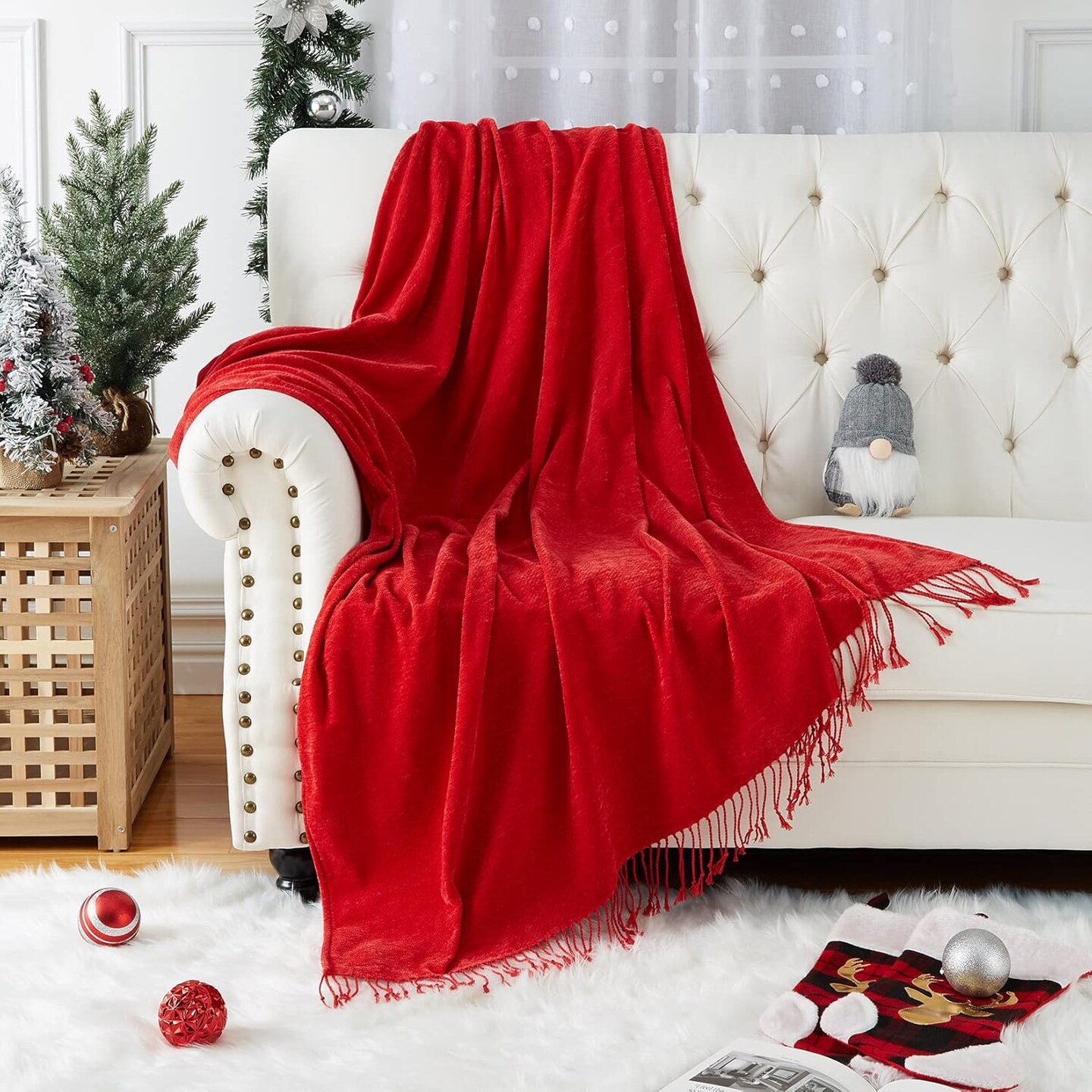 Christmas Red Throw Blanket for Couch, Soft Chenille Throw Blankets with Decoration Tassel, Velvety Texture Knitted Throw for Home Couch Sofa Chair Bed (Christmas Red, 50 x 60 Inches)