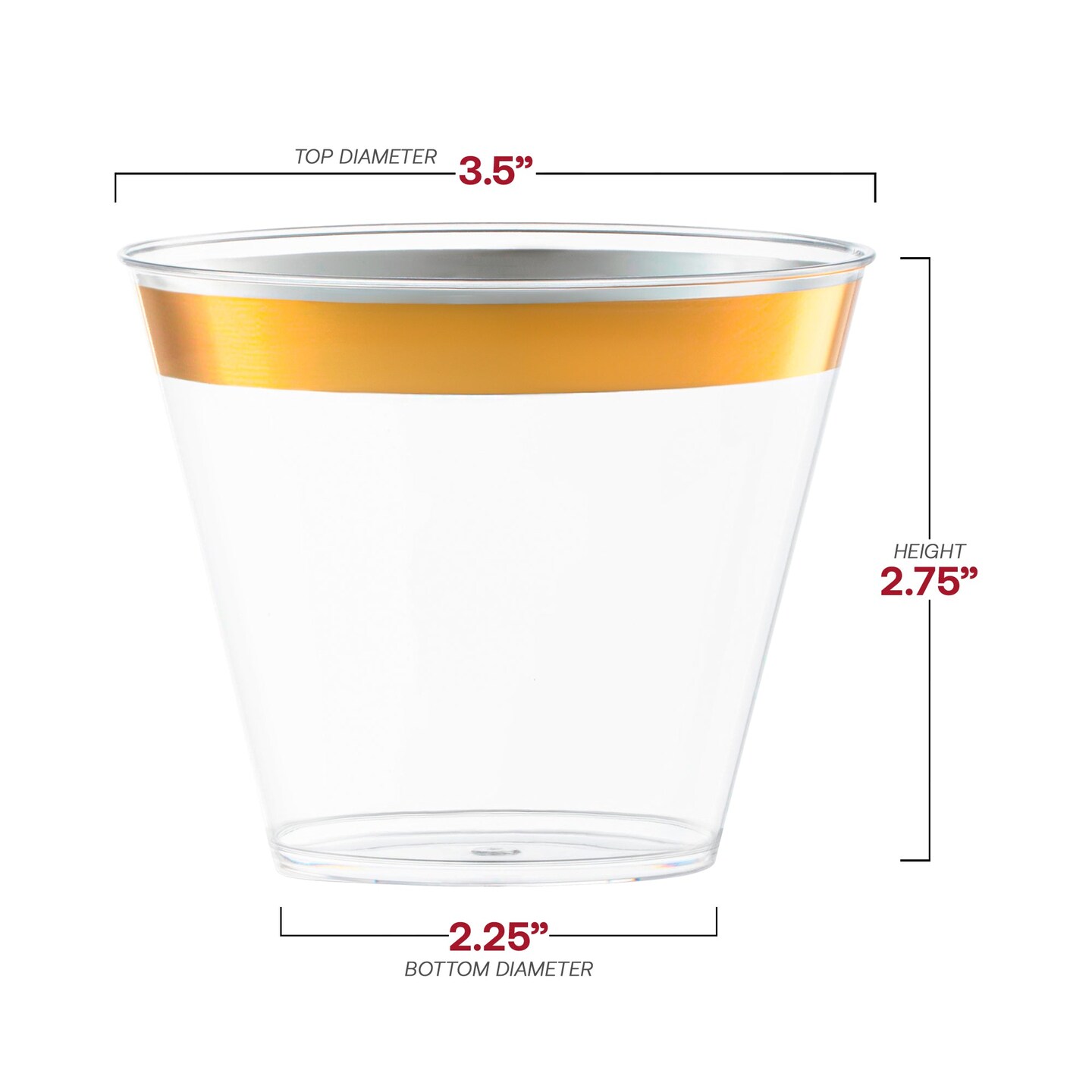 Clear with Metallic Gold Rim Round Disposable Plastic Cups - 9 oz. (240 Cups)
