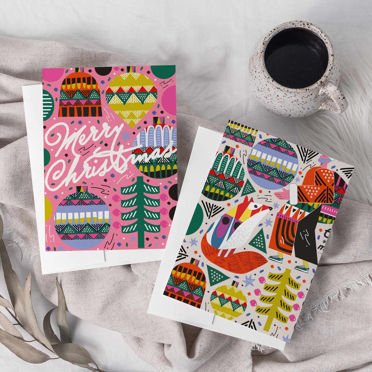 Folk Art Christmas Cards - 24-Pack Holiday Greeting Cards with 4 Vibrant and Colorful Designs, Perfect for Sharing Merry Christmas &#x26; Holiday Wishes, Blank Inside for Personalized Messages - Unique and Artistic Stationery Set