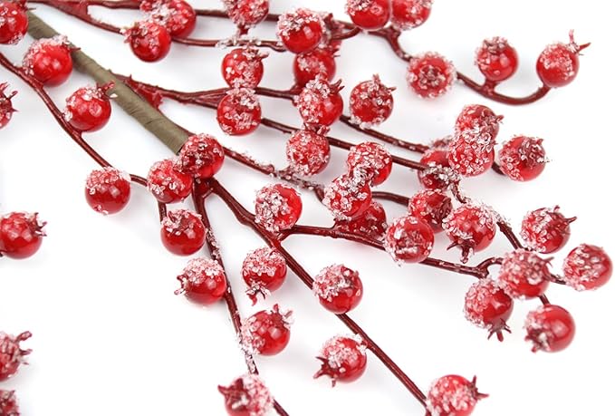 6 Pack 17&#x22; Long Artificial Snowy Christmas Red Berries Red Berry Picks Winter Holly Berry Branches for Christmas Tree Fillers DIY Crafts Floral Arrangements Holiday Vase Decor