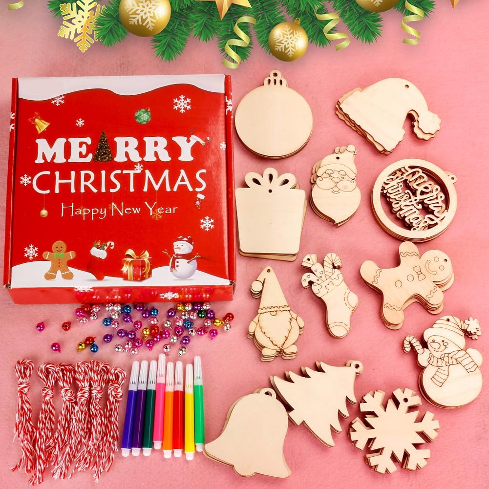 60pcs Wooden Christmas Ornaments, Unfinished Wood Ornaments with 12 Styles, DIY Christmas Ornaments Kits with Bells, Colored Pens and Ropes, Unfinished Wood Crafts for Kids and Adults