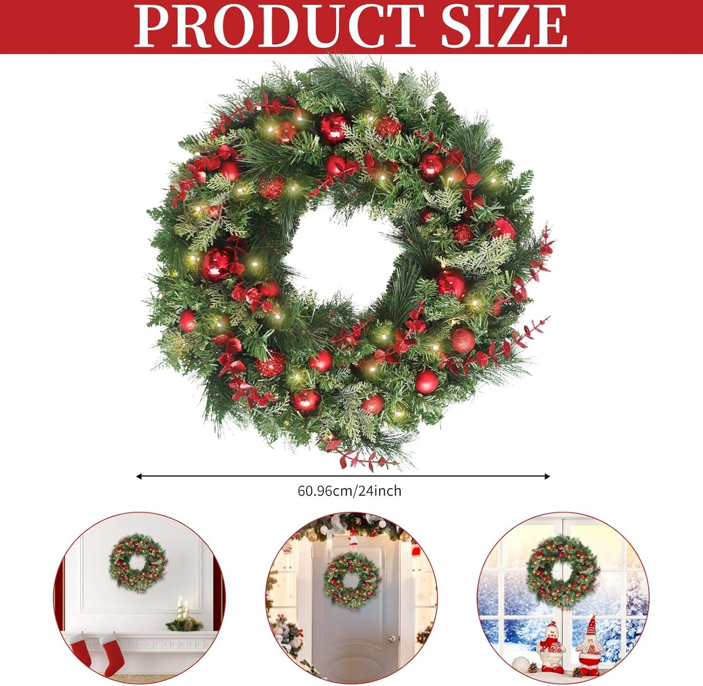 24 Inch Christmas Wreaths, Christmas Wreaths for Front Door with Balls Ornaments, Eucalyptus and Battery Operated LED Lights, Large Artificial Xmas Wreath with Timer for Outdoor Holiday Decor