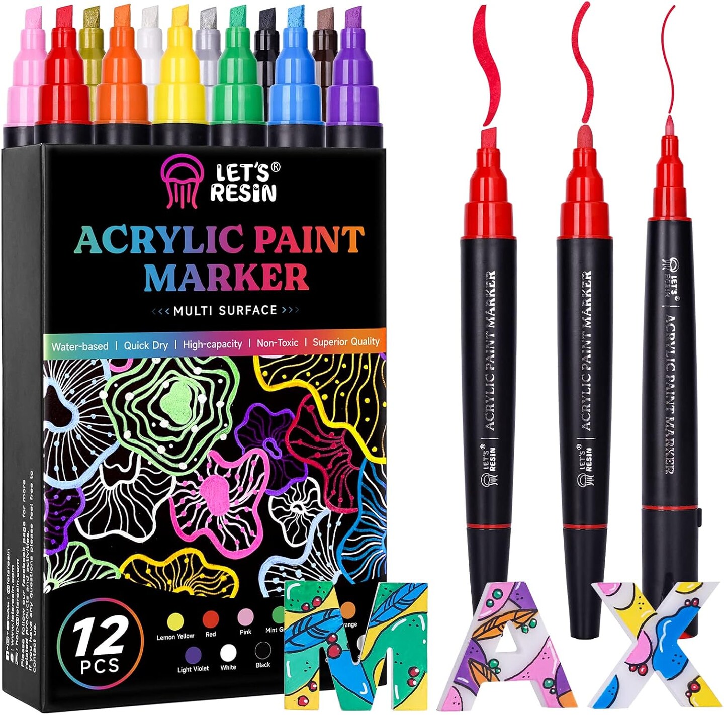 LET&#x27;S RESIN 12 Colors Acrylic Paint Markers, 3 Tips Multi-Purpose &#x26; High-Capacity Acrylic Paint Pens, Perfect Resin Supplies for Resin Crafts, Rock, Stone, Canvas, Glass, DIY Making Art Supplies