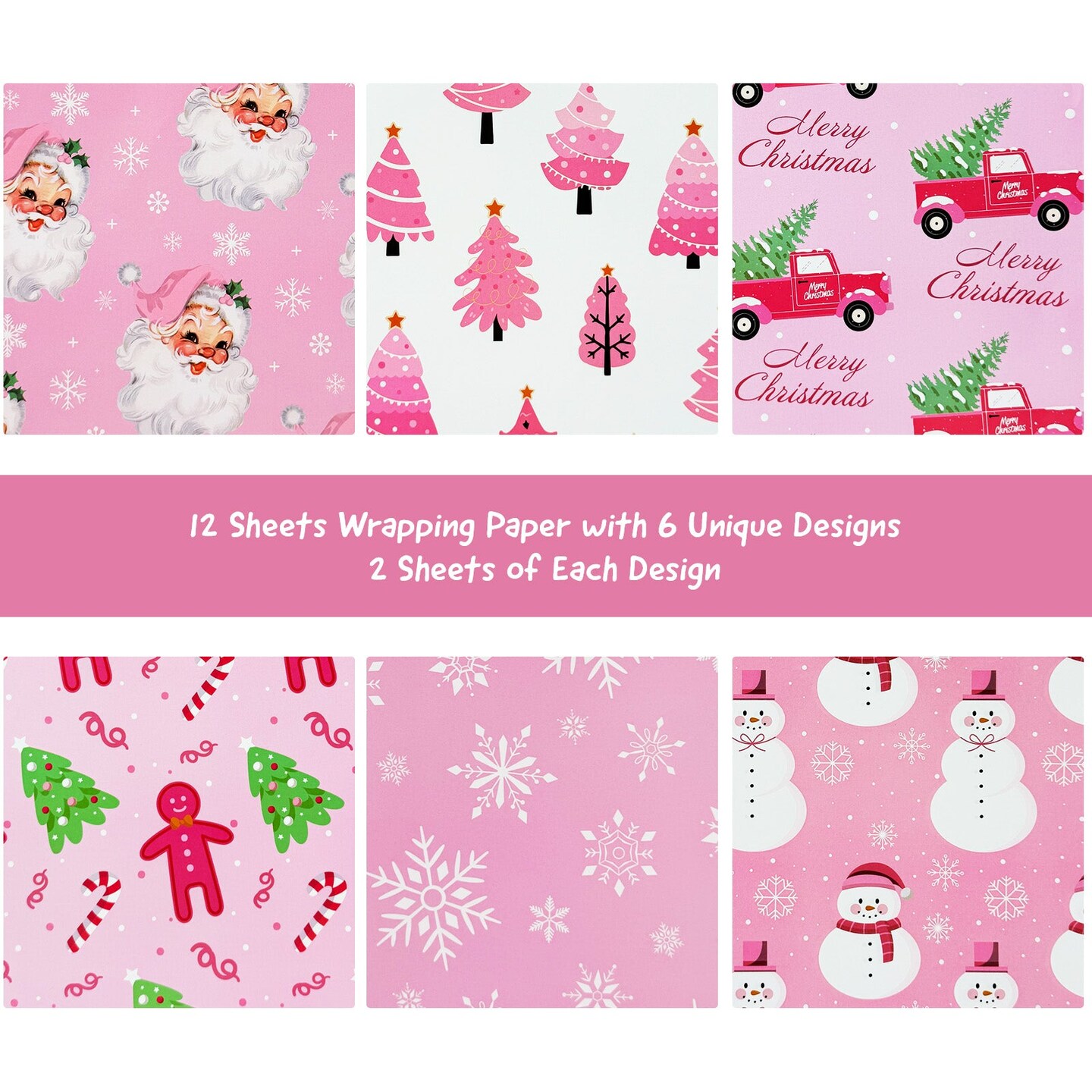 Wrapables Christmas Holiday Gift Wrap Paper Sheets Folded Flat 20L x 27W inches (12 Sheets), Festive Pink