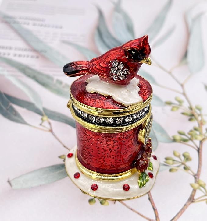 Luxury Cardinal Bird with Mailbox Hinged Trinket Jewelry Boxes for Necklace Rings Earrings.Cardinals Decor Figurines Gifts for Women.