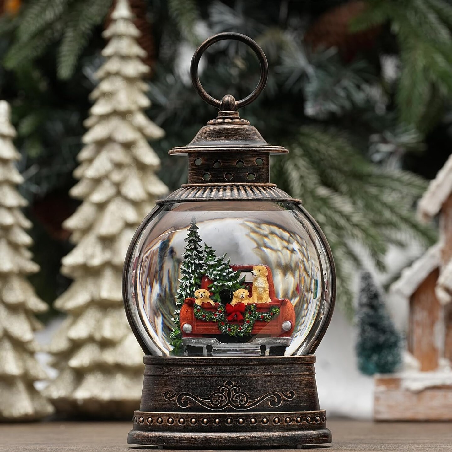 Dog Snow Globe Lighted Christmas Decorations, Musical Snow Globe Lantern with Swirling Glitter, Red Truck Christmas Tree Holiday Party Gifts and Decorations, USB &#x26; Battery Operated