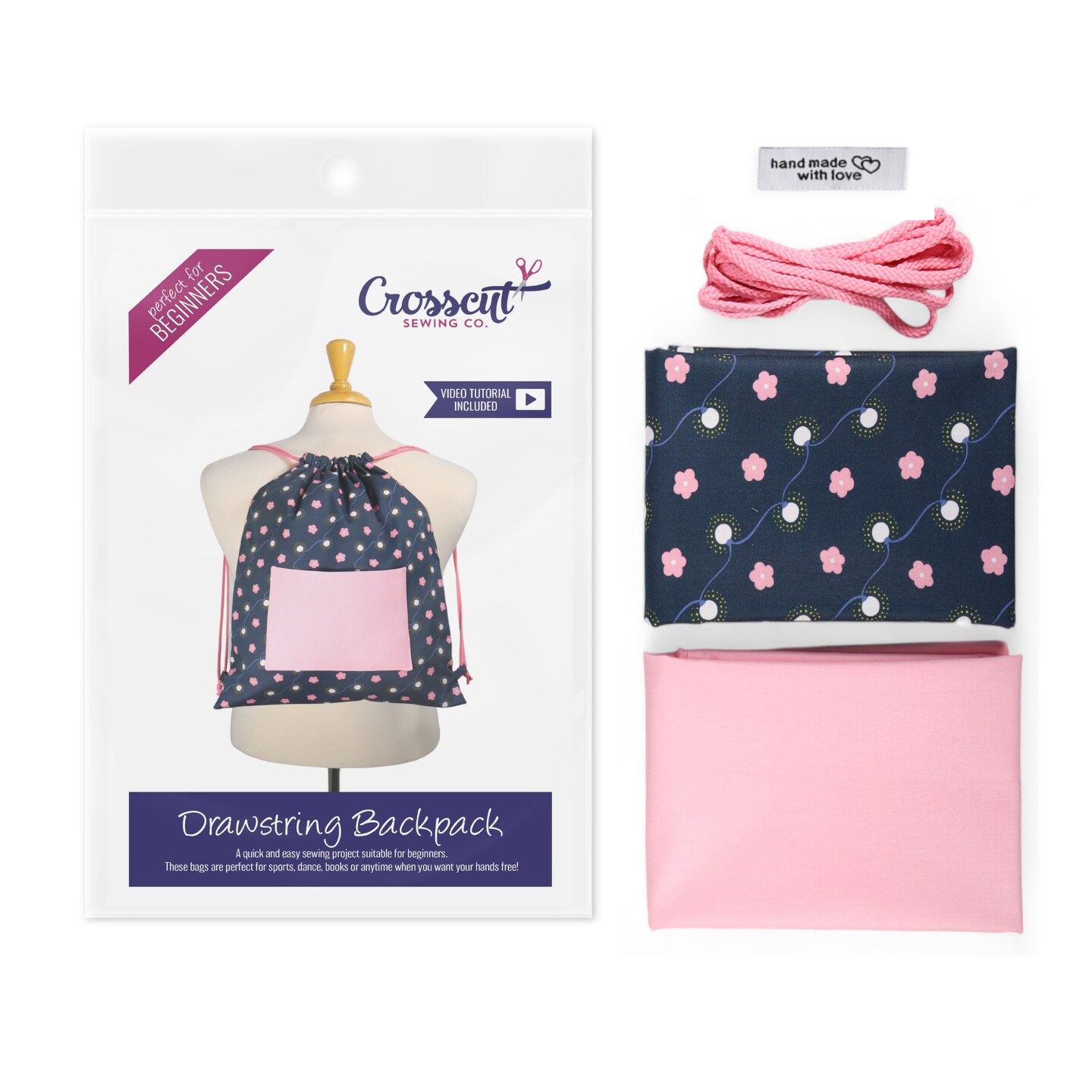 Crosscut Sewing Co.® Drawstring Backpack Sewing Project Kit - Beginner Sewing Kit - Sewing Kit for Kids