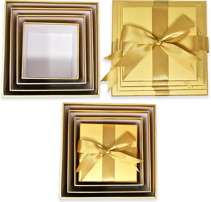 Christmas Gift Boxes with Ribbon Bow Set Of 4 Assorted Sizes Reusable Cardboard Stacked Nesting Box with Lids for Gift Giving Holiday Decorative Gifts Present Wrapping