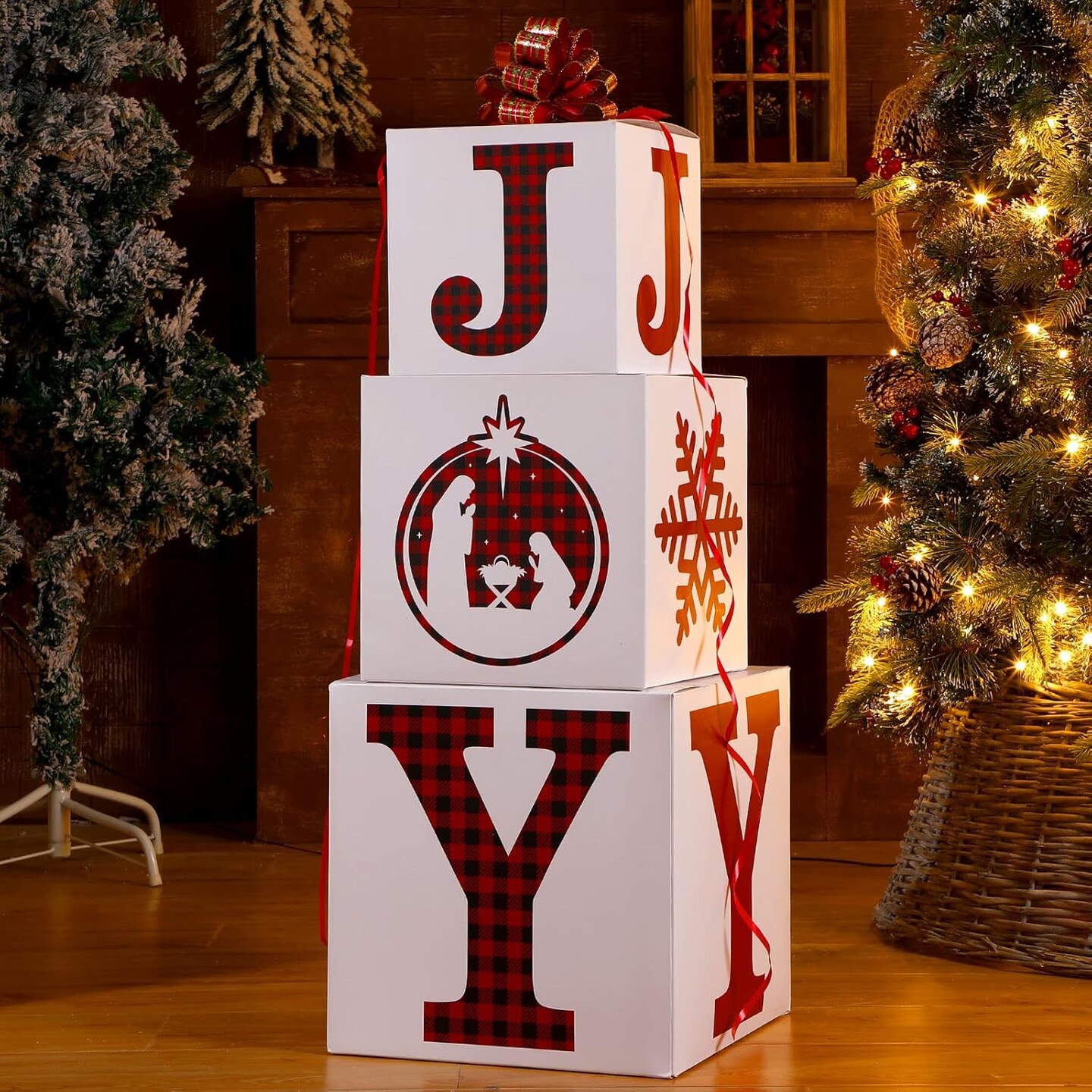 4 Pieces Christmas Nesting Gift Box Christmas Stackable Box Large Joy Christmas Boxes for Present Xmas Stacking Gift Box Decorations for Christmas Wrapping Party Favor