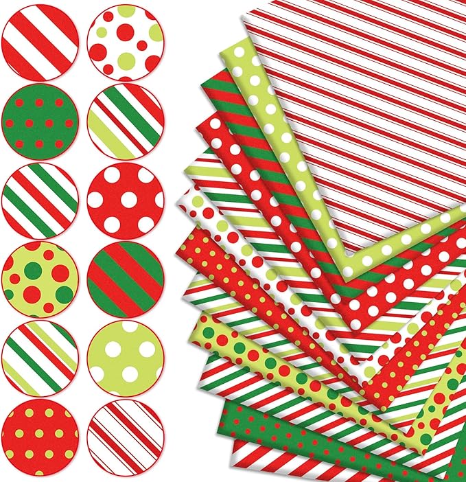 12Pcs Christmas Cotton Fabric Bundles Red Green Stripe Dot Printed Fat Quarters Xmas Sewing Fabrics for DIY Handmade Crafting, 18 x 22 Inch