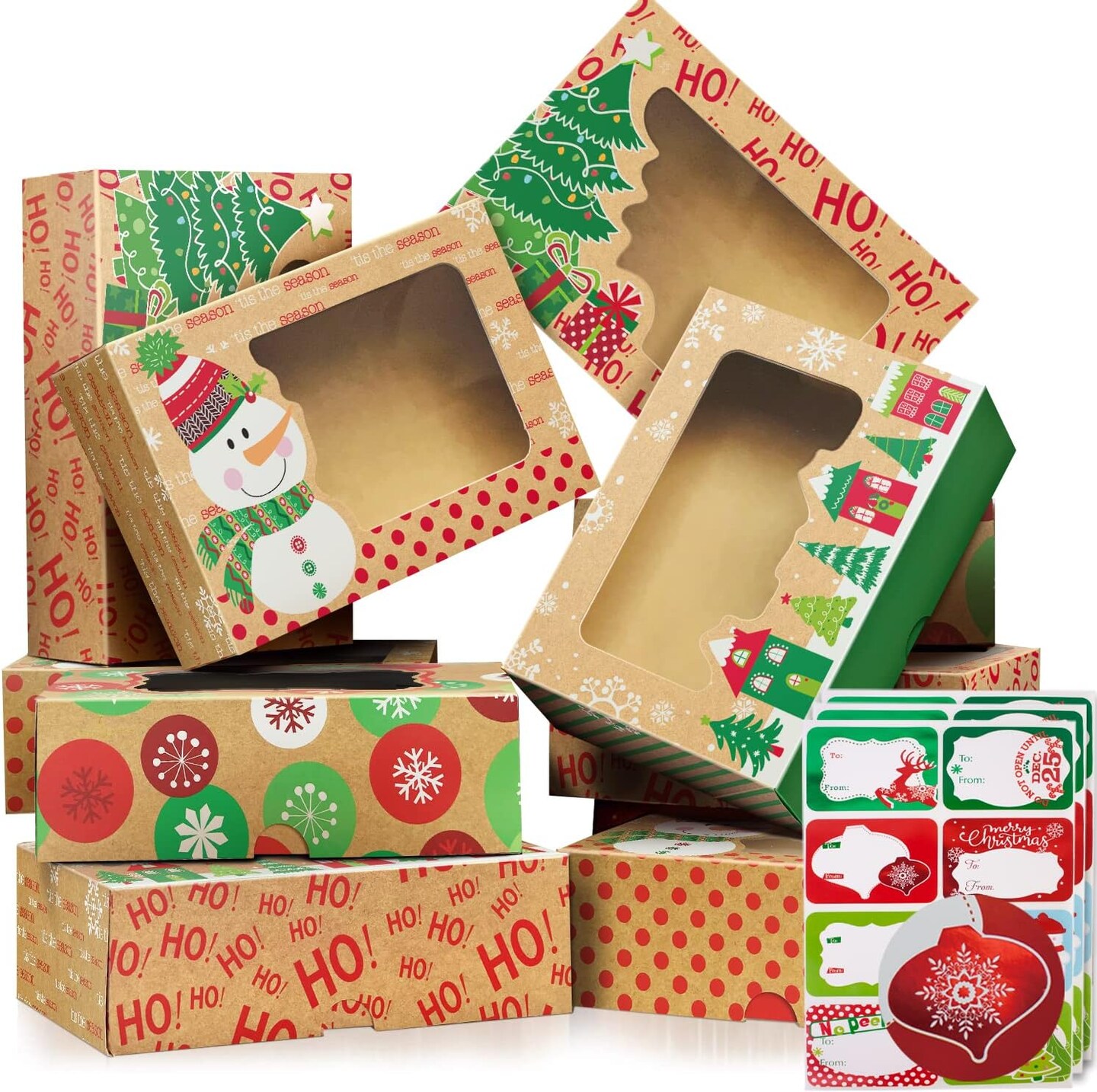 12 Christmas Cookie Boxes -Large Kraft Holiday Bakery Food Container for Gift Giving with 80 Count Christmas Foil Gift Stickers