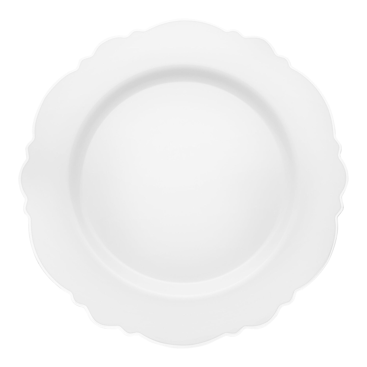White with Silver Rim Round Blossom Disposable Plastic Dinner Plates - 10.25" (120 Plates)