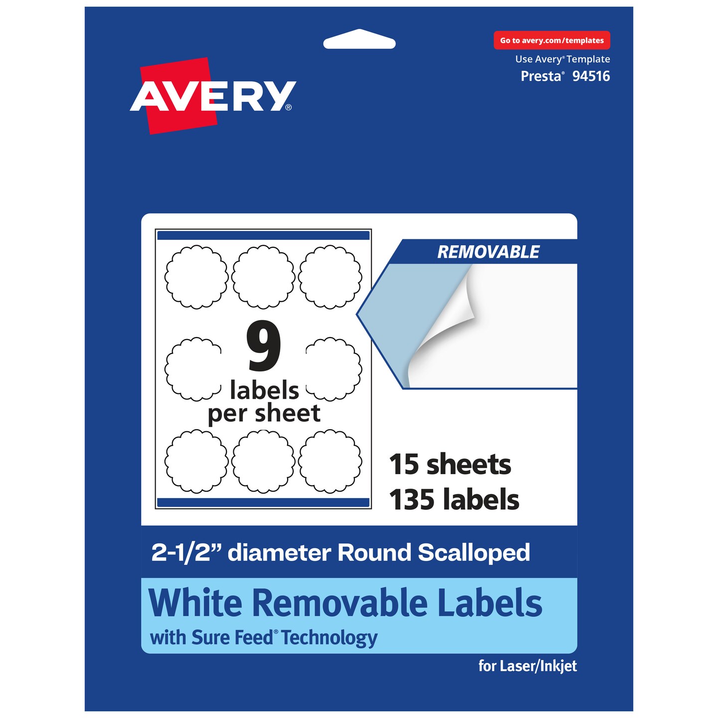Avery Matte White Removable Round Scalloped Labels with Sure Feed Technology, Print-to-the-Edge, 2.5&#x22; diameter