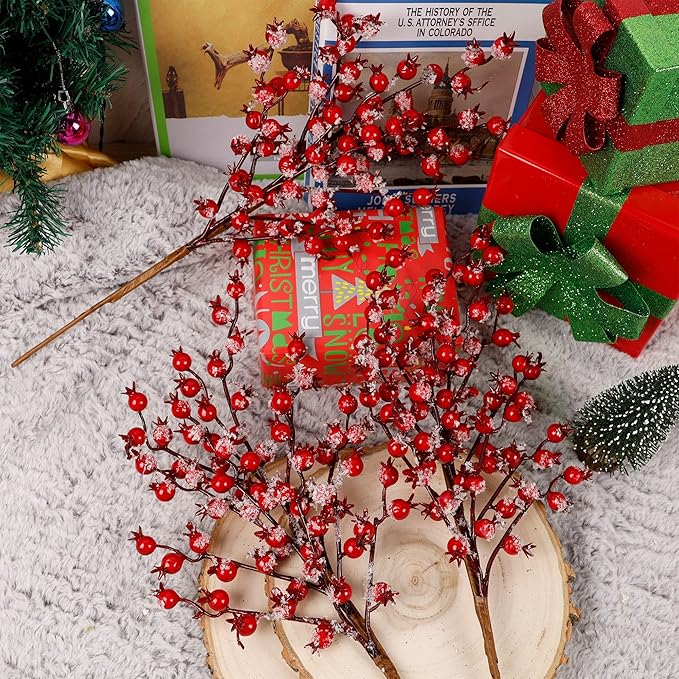 Artificial Christmas Berries Stems with Ice Snow Long Pomegranate Berry for Crafts Garland Home Party Christmas Decoration