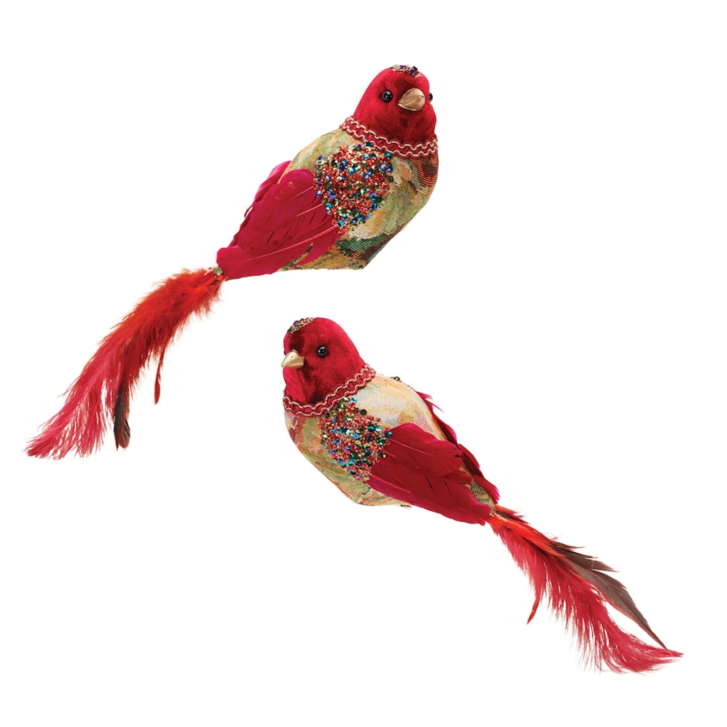 Melrose Jeweled Tapestry Bird Christmas Clip Ornaments - 13.25&#x22; - Set of 4