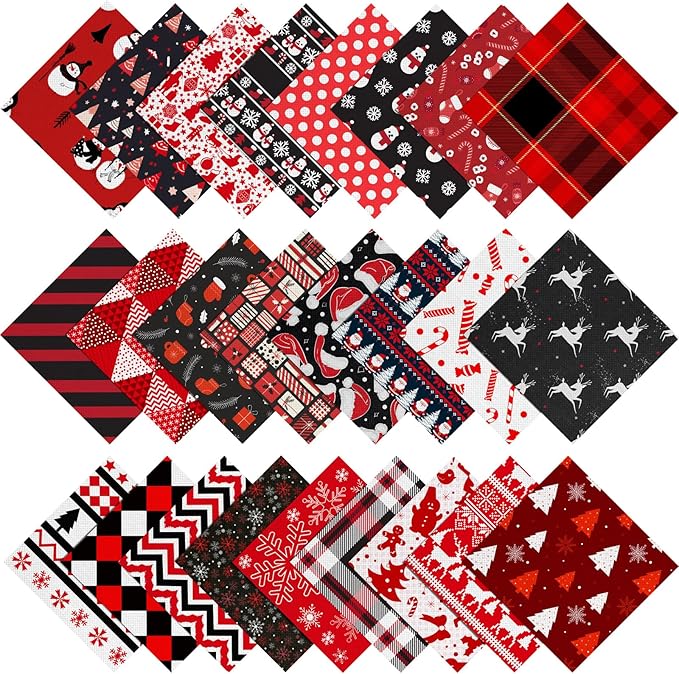 50 Pcs 10 x 10 Inches Christmas Precut Fabric Squares Black Red Cotton Craft Fabric Fat Quarters Snowman Santa Snowflake Fabric Scraps Bundles for Xmas DIY Craft Patchwork Sewing Quilting