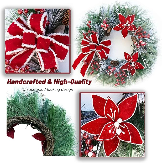 Christmas Wreaths for Front Door, Soomeir Prelit Poinsettia Christmas Wreath with Lights, Berries and Velvet Bow, Lighted Wreath for Holiday Winter Window Outdoor Indoor Xmas
