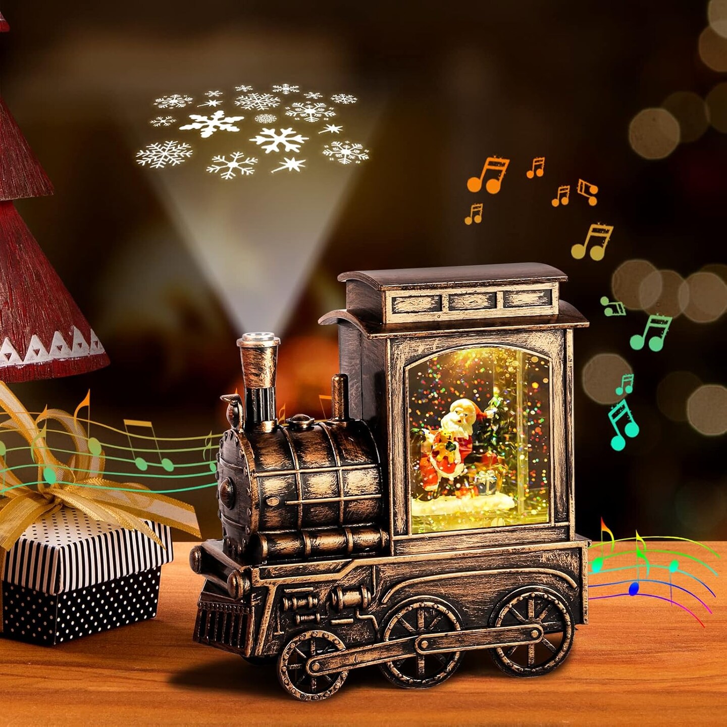 Christmas Snow Globes, Vintage Musical Christmas Snow Globe Lantern with Snowflake Projection, Lighted Christmas Train Snow Globe with Santa Water Swirling Glitter and 6H Timer, Xmas Gift