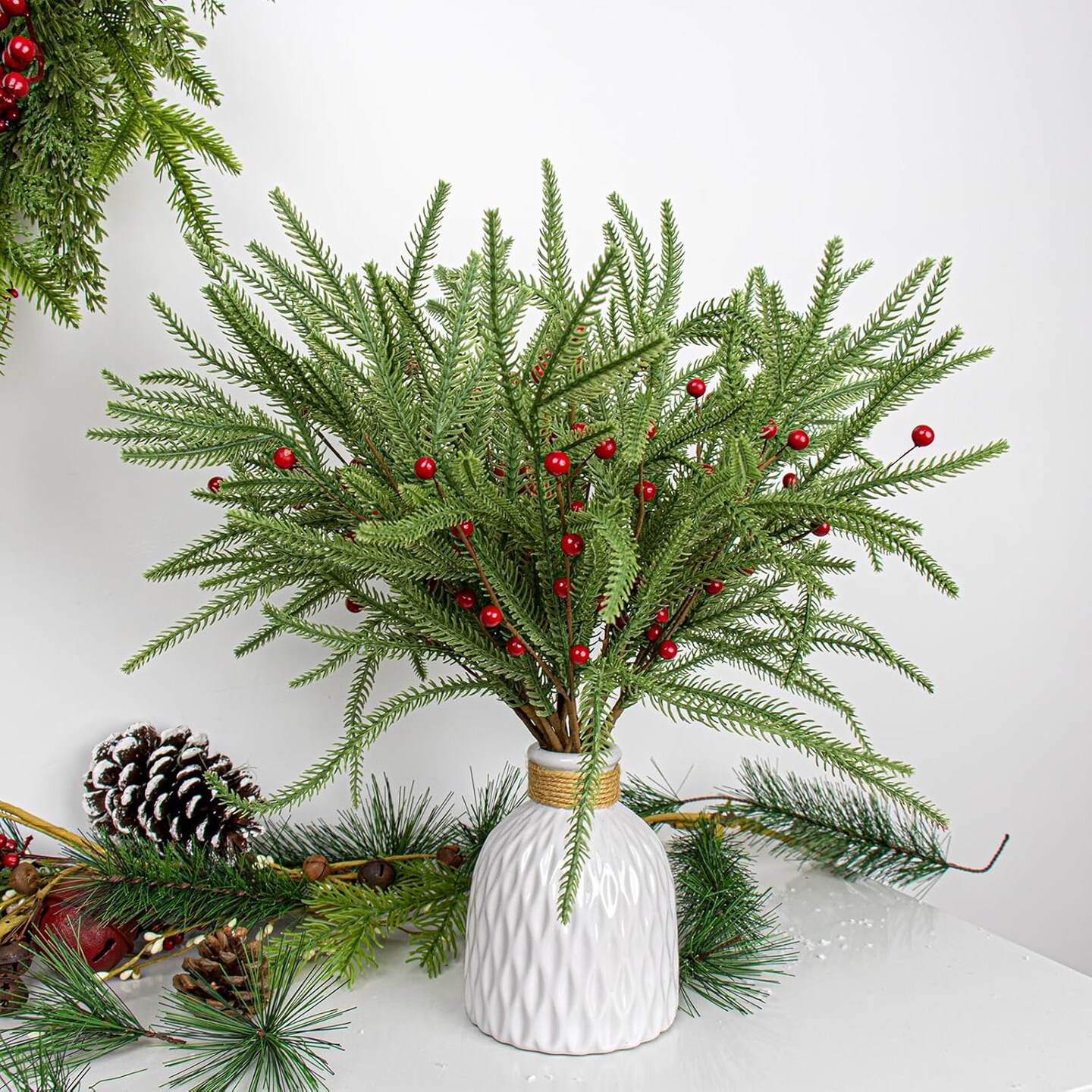 Christmas Tree Picks with Red Berries Norfolk Pine Branches for Xmas Tree Floral Arrangements Centerpieces Christmas DIY Crafts