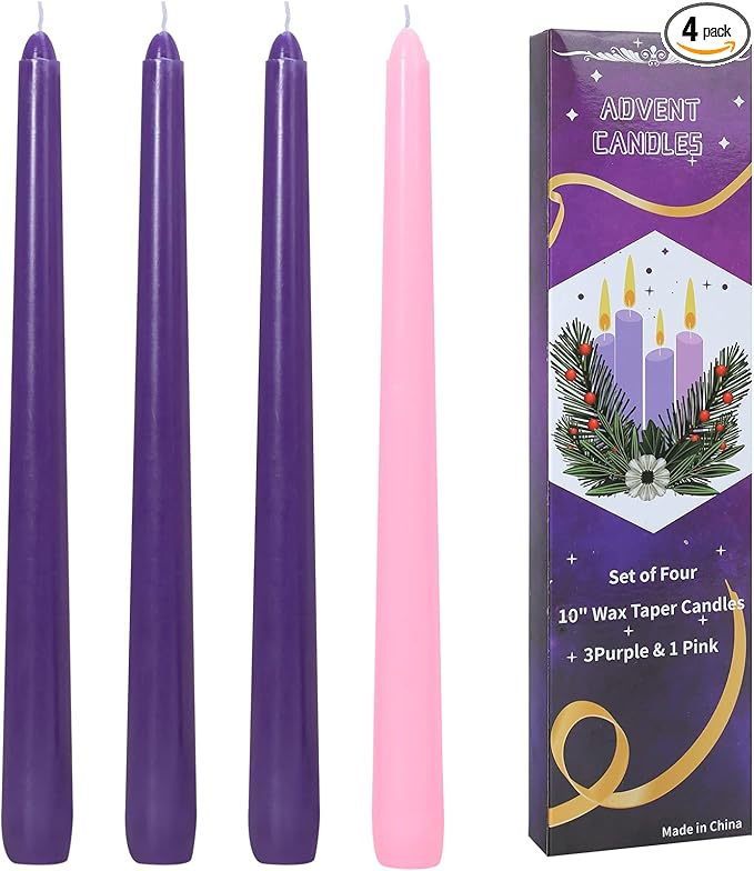 4 Pack Christmas 10in Unscented Advent Candles for Seasonal Celebrations, Holidays, Church, Celebration, Party