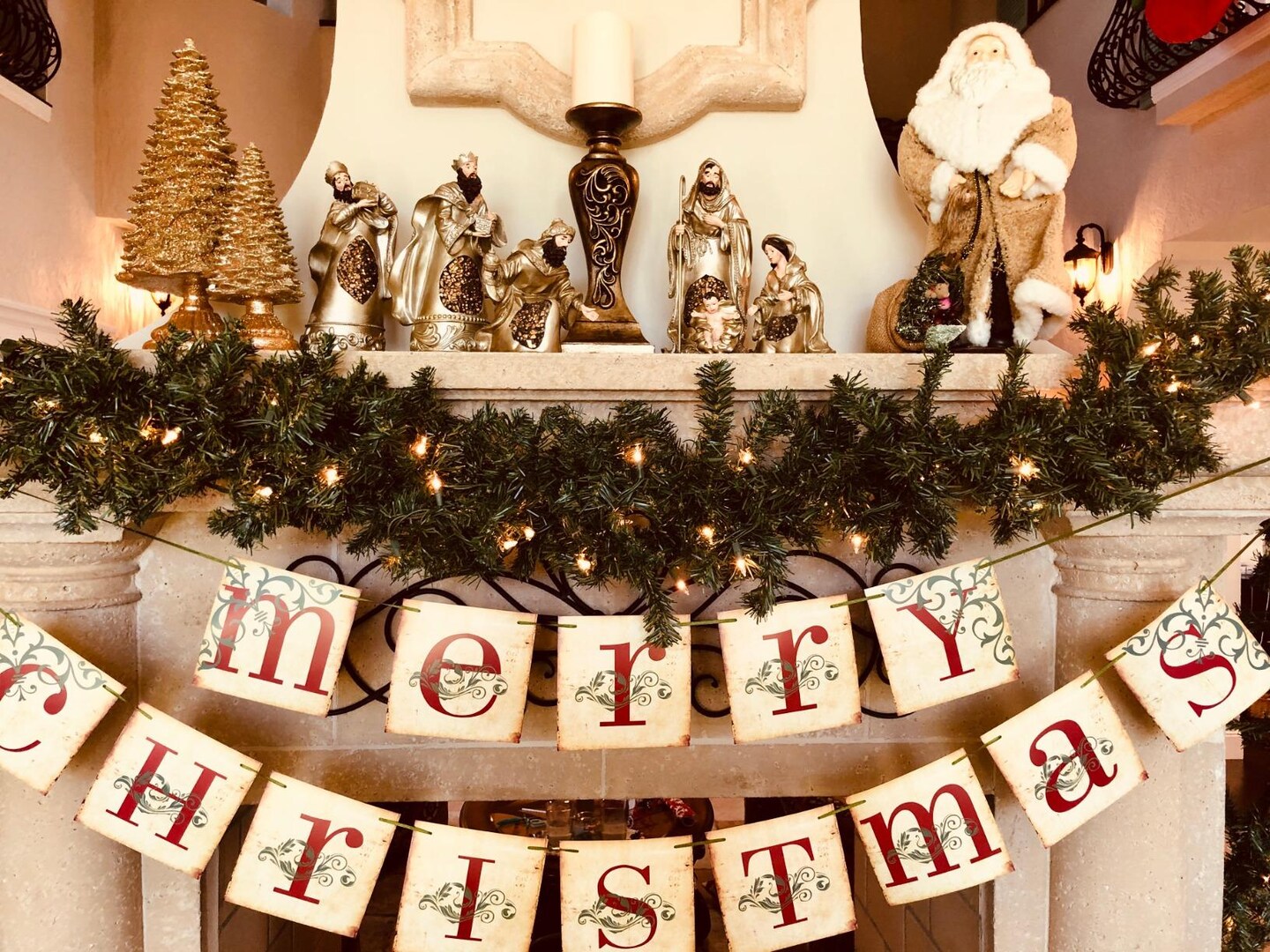 Merry Christmas Banner Vintage Xmas Banner Retro Christmas Banner Christmas Decorations Retro Nostalgic Traditional Old Fashioned Victorian Xmas Holiday Decor for home mantel Fireplace