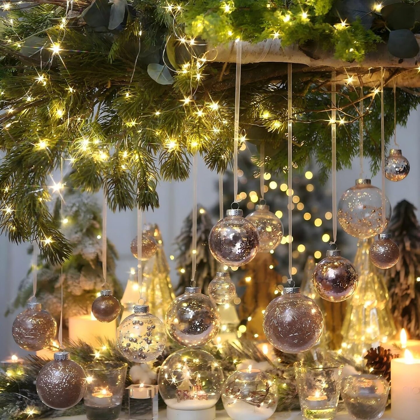 Champagne Christmas Ornaments Set, 24PCS 2.36&#x22; Christmas Tree Ornaments, Shatterproof Clear Plastic Christmas Ball Ornaments, Hanging Xmas Baubles with Stuffed Delicate Decorations