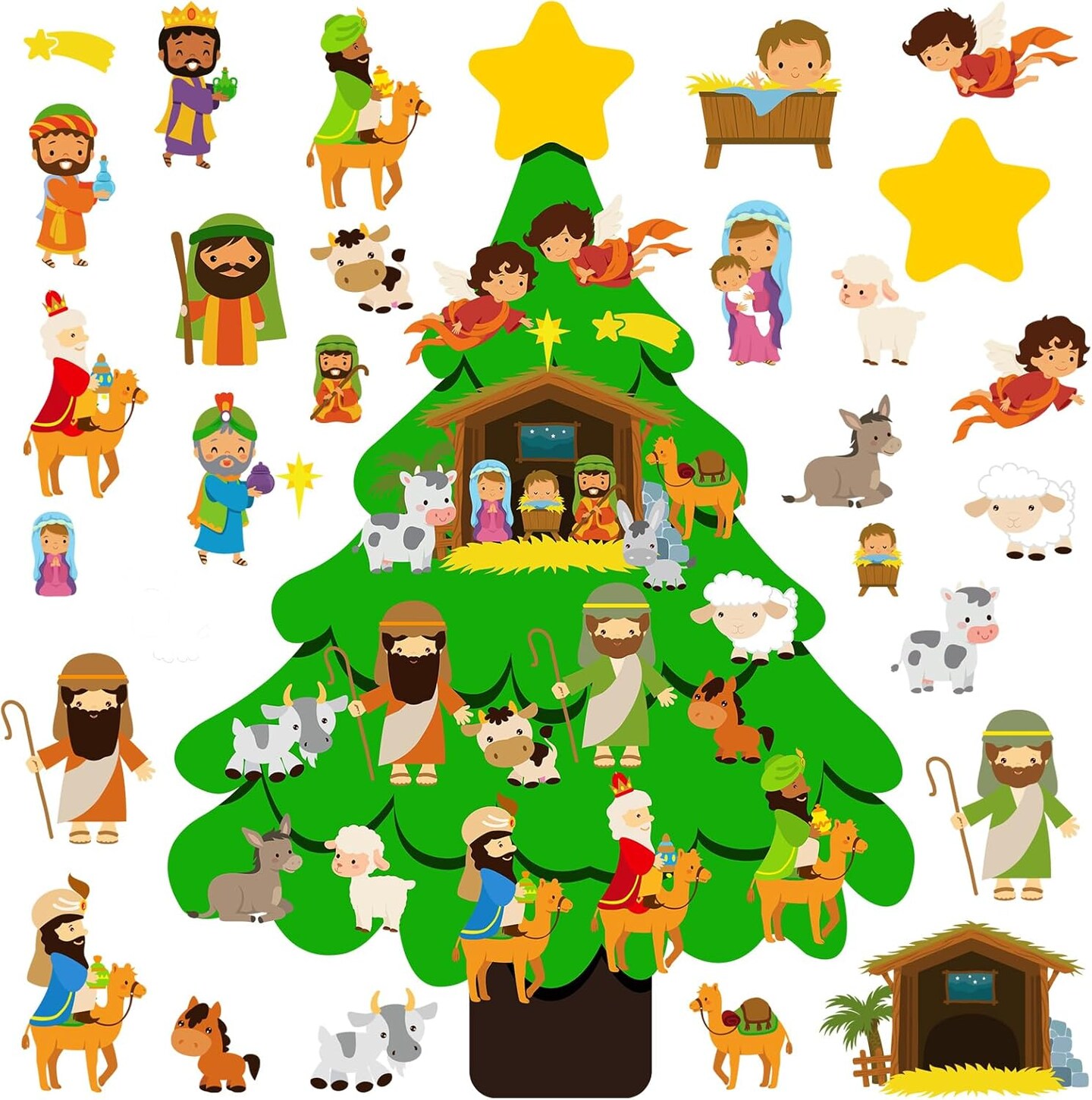 Christmas Tree for Kids Toddlers, DIY Felt Nativity Christmas Tree with 27 Pcs Detachable Ornaments Kids Wall Hanging New Year Xmas Gifts Christmas Party Home Decorations