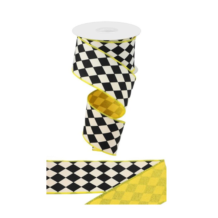 2.5&#x22; x 10yd Harlequin Yellow &#x26; Black Wired Ribbon-Royal Check Pattern for Crafts &#x26; Decor (RGX00118N)