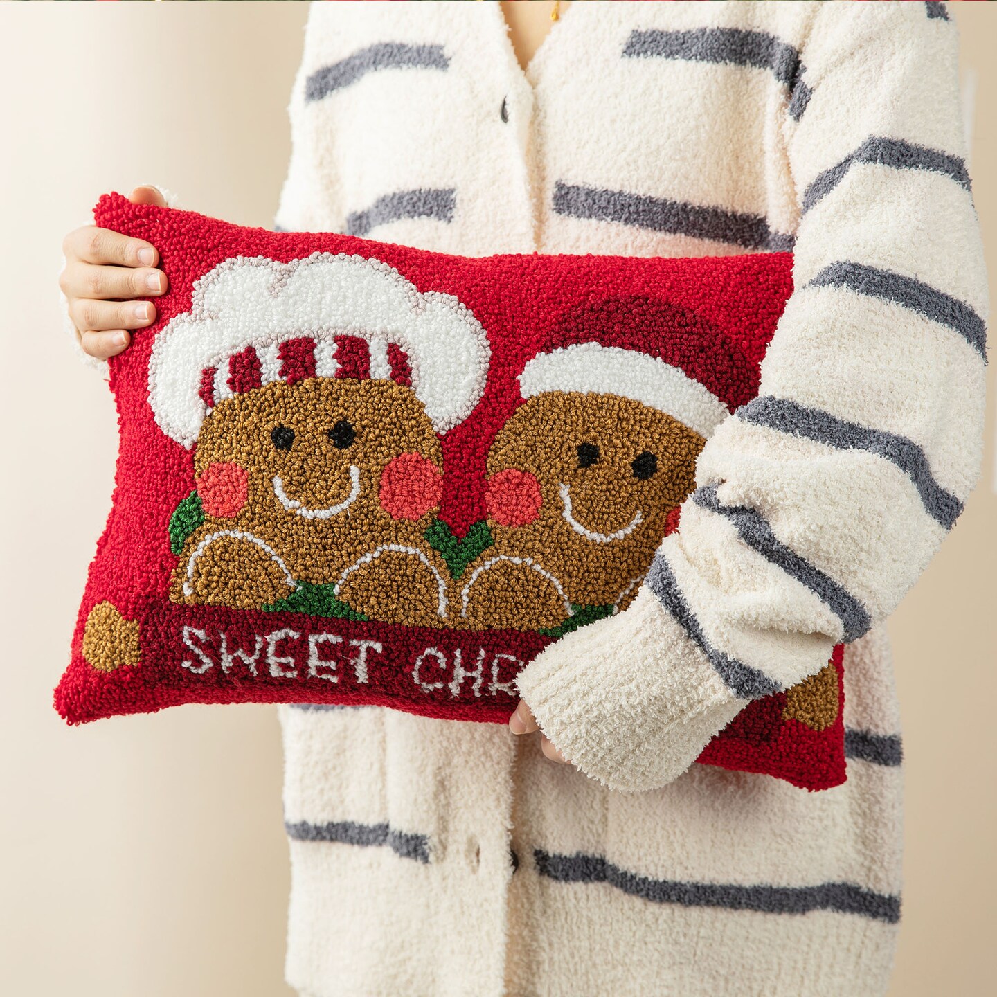 Set of 2 18"L Hooked Gingerbread Boy & Girl/Bent Trees Pillow