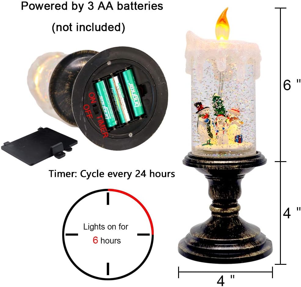 Christmas Snow Globe Candle Battery Operated Lighted Flameless Candles Light Swirling Water Glittering Spinning Candles for Home Decoration(Snowmen Family)