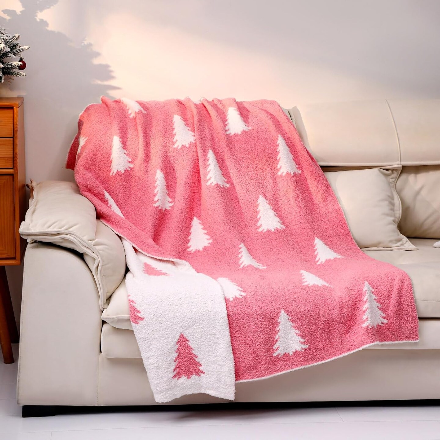 Christmas Knit Throw Blanket, 50 x 60 inch Reversible Knitted Christmas Blankets and Throws, Cozy Soft Lightweight Xmas Blankets, Winter Pink Throw Gift for Couch Sofa Bed (Christmas Tree)