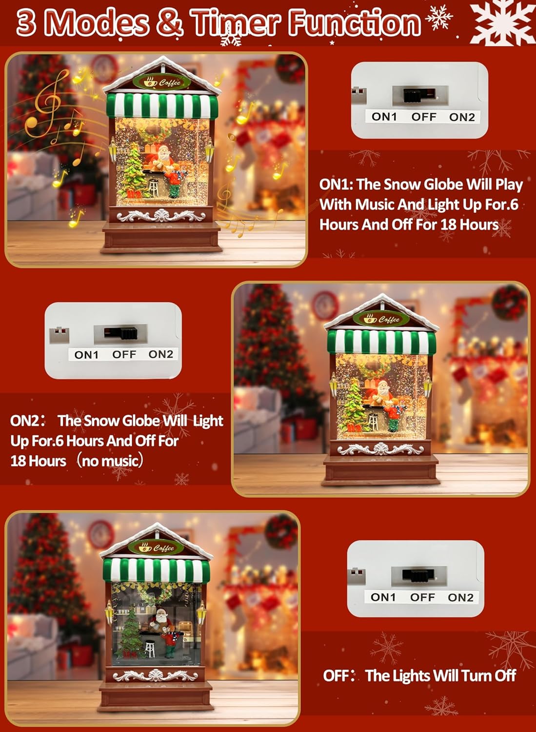 Musical Christmas Snow Globes Lighted with Timer 8 Songs Santa Making Coffee Shop Snowglobe USB/Battery Operated Swirling Glitter Christmas Decorations Home Decor for Kid Adult