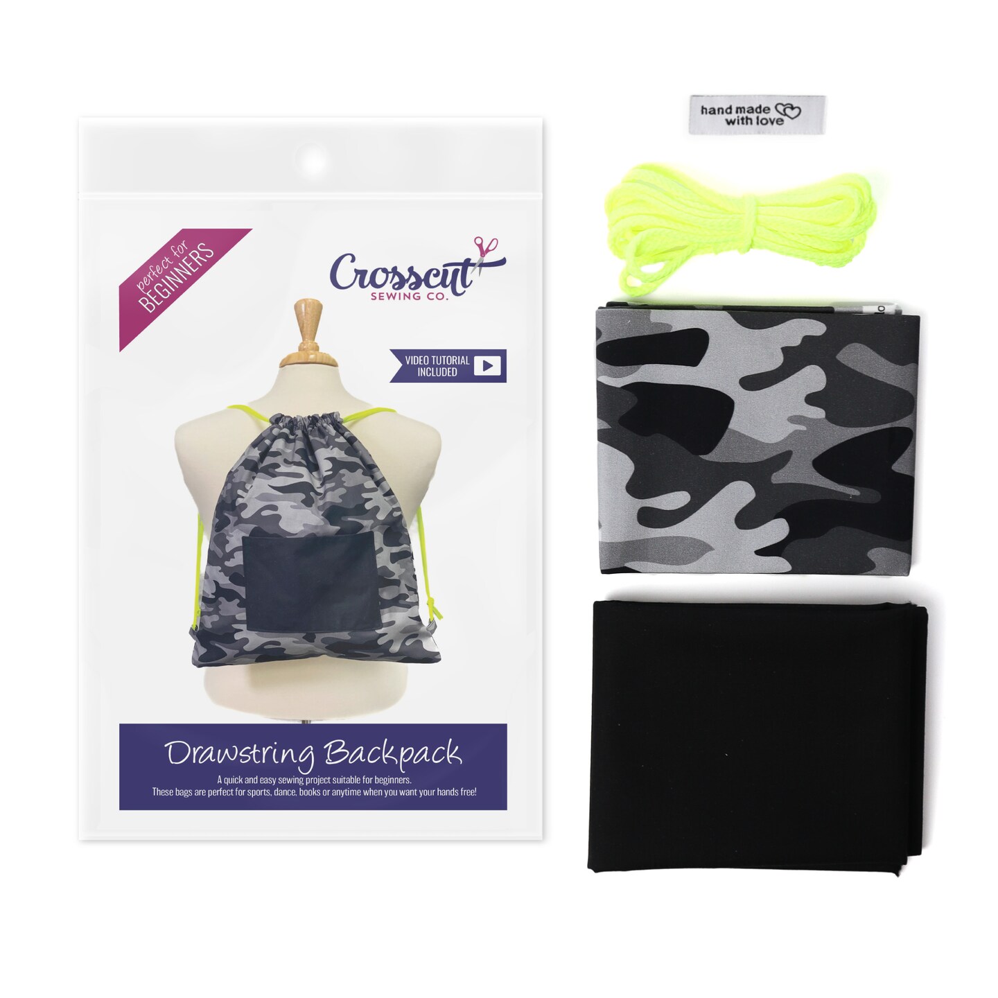 Crosscut Sewing Co.® Drawstring Backpack Sewing Project Kit - Beginner Sewing Kit - Sewing Kit for Kids