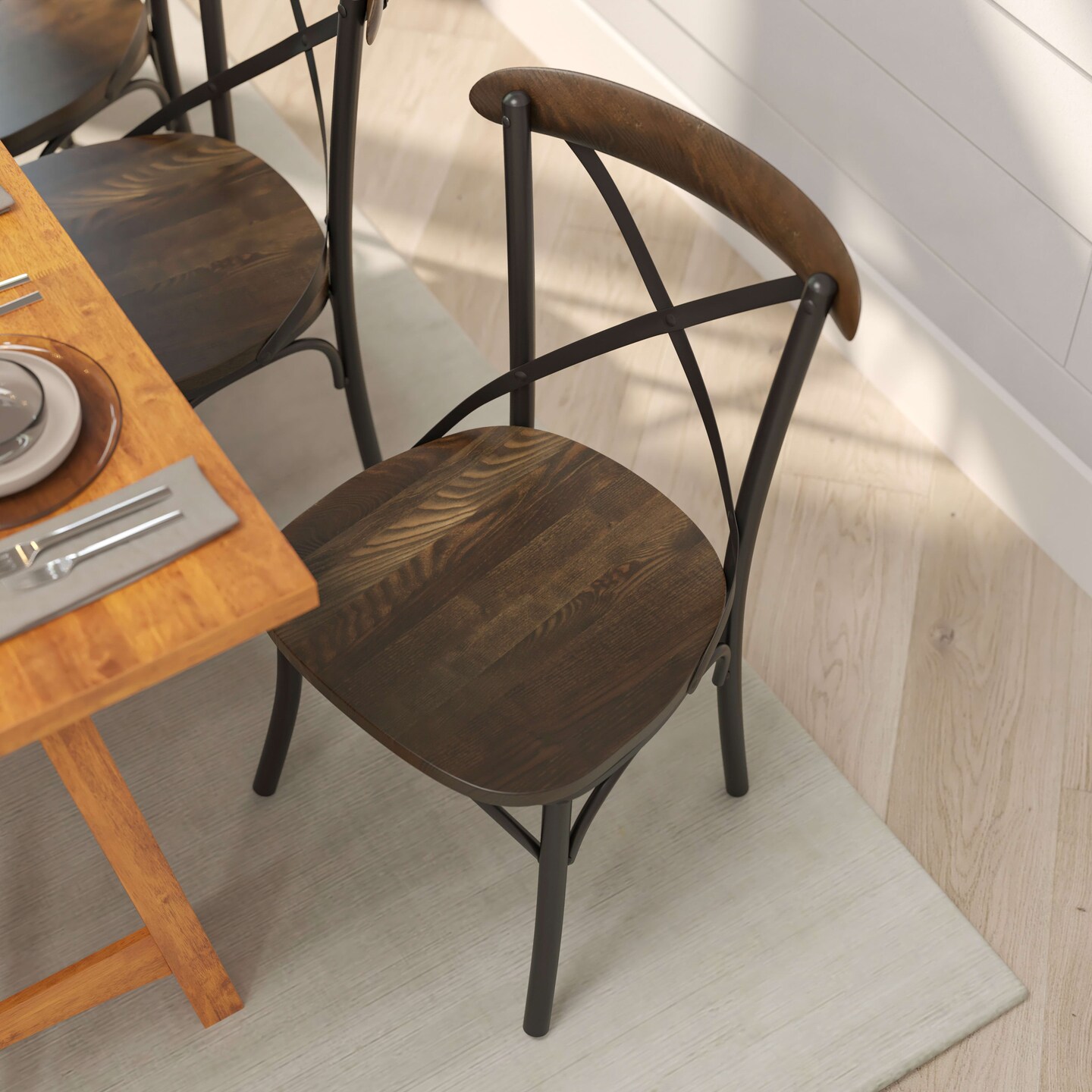 Merrick Lane Tucker Series Industrial Style Black Metal X-Back Dining Chair with Fruitwood Finished Seat and Back